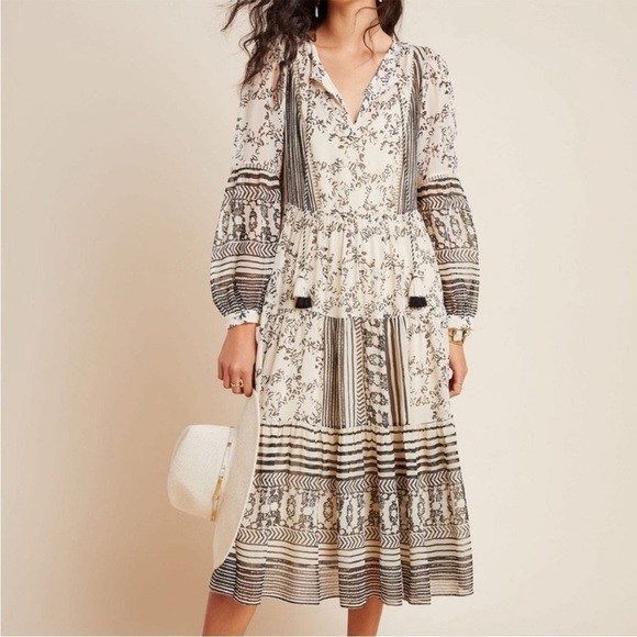 Anthropologie Cream & Black Talulah Tiered MIDI Dress - Picture 6 of 13